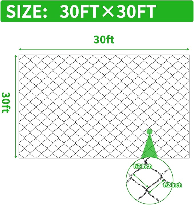 Bird Netting 30X30 FT, 1/2" Mesh, Strong Woven Garden Netting for Plants, Fruit Trees, Blueberry Bushes, Vegetables, Strawberry Protection, Against Bird, Deer, Squirres, Poultry, Small Animals