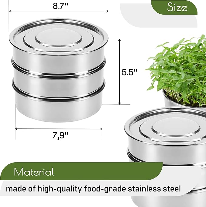 Stainless Steel Seed Sprouting Kit – 7,9'' Stainless Steel Sprouting Tray Round 3-Tier Seed Gardening Planter for Microgreens Broccoli Sprouts Growing Kit Microgreens Tray Germination