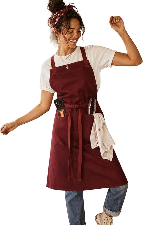 100% Cotton Kitchen Apron with 2 Pockets – Adjustable Chef Apron for Cooking Baking BBQ – Unisex Apron