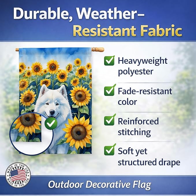 Caroline's Treasures DAC6154CHF Samoyed in Sunflowers House Flag Large Porch Sleeve Pole Decorative Outside Yard Banner Artwork Wall Hanging, Polyester, House Size, Multicolor