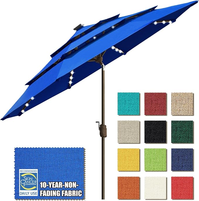 EliteShade USA 10-Year-Non-Fading 9ft 3-Tier Market Patio Umbrella, Commercial Table Umbrella with 80 Solar LED Lights, Crank Open, Windproof & UPF 50+ UV Protection for Garden, Deck, Pool, Backyard, Royal Blue