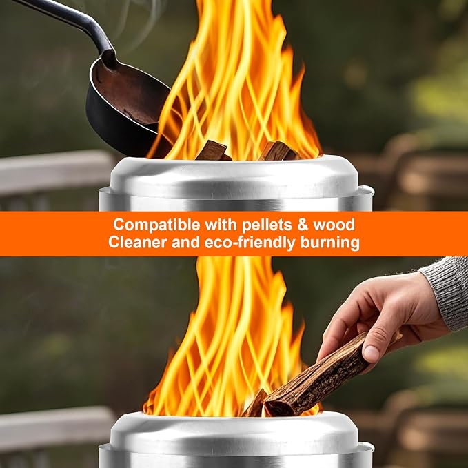 Spinning Flame Tabletop Fire Pit by AmazStove, Low Smoke Stove Outdoor Safe Burning Firepits, Fueled Pellets or Wood, Travel Bag&mat&Forks Included, 10 x 6 Silver