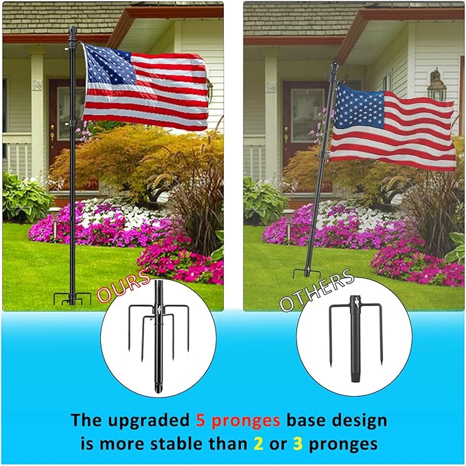 10 Foot Flag Poles for Outside House Inground with 3x5 American Flags,Heavy Duty Stainless Steel Flag Pole in Ground with 5 Pronges Base,Inground Flag Poles for Residential Garden Yard