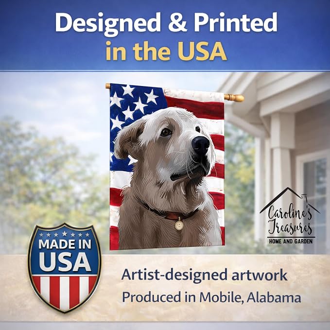 Caroline's Treasures CK6386CHF Akbash American Flag House Flag Large Porch Sleeve Pole Decorative Outside Yard Banner Artwork Wall Hanging, Polyester, House Size, Multicolor