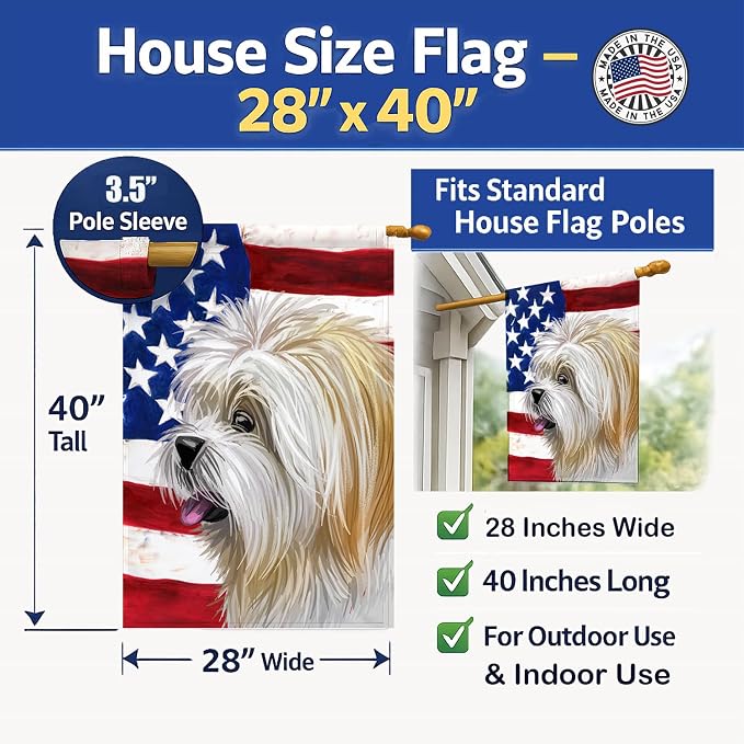 Caroline's Treasures CK6607CHF Lhasa Apso American Flag House Flag Large Porch Sleeve Pole Decorative Outside Yard Banner Artwork Wall Hanging, Polyester, House Size, Multicolor