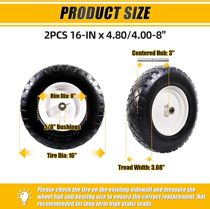 MZREXN 4.80/4.00-8" Flat Free Tire and Wheel, 16" Wheelbarrow Tires | 2 Packs Universal Solid Tires with 5/8" & 3/4" Bearings, 3" Centered Hub for Hand Truck Garden Trailers Utility Cart, White