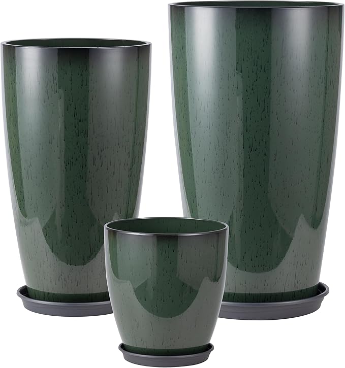 24-21-11 Inch Tall Planters Set of 3, Indoor Outdoor Green Glossy Round Planter with Drainage Hole and Saucer, Large Decorative Plant Pots for Home Garden Porch (Green)