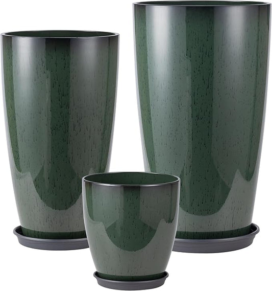 24-21-11 Inch Tall Planters Set of 3, Indoor Outdoor Green Glossy Round Planter with Drainage Hole and Saucer, Large Decorative Plant Pots for Home Garden Porch (Green)