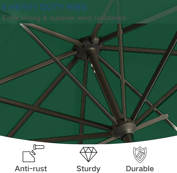9' Solar LED Patio Umbrella with Tilt & Crank|8 Sturdy Ribs,UV Protection,Outdoor Market Table Umbrella for Deck,Lawn,Pool,Backyard(Dark Green)
