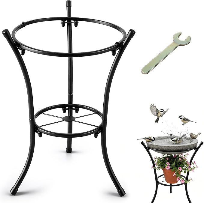 16" Tall Metal Bird Bath Stand, 2-Tier Wrought Iron Plant & Gazing Ball Stand with 6 Non-Slip Pads, Sturdy Multi-Use Flowerpot Holder for Outdoor Indoor Garden Patio