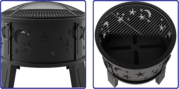 Kingson 26" Outdoor Fire Pit with Grill & Mesh Cover, Wood Burning Steel Firepit with Poker & Star Spark Screen, Heavy Duty Patio Fire Bowl for Backyard, Camping & Garden