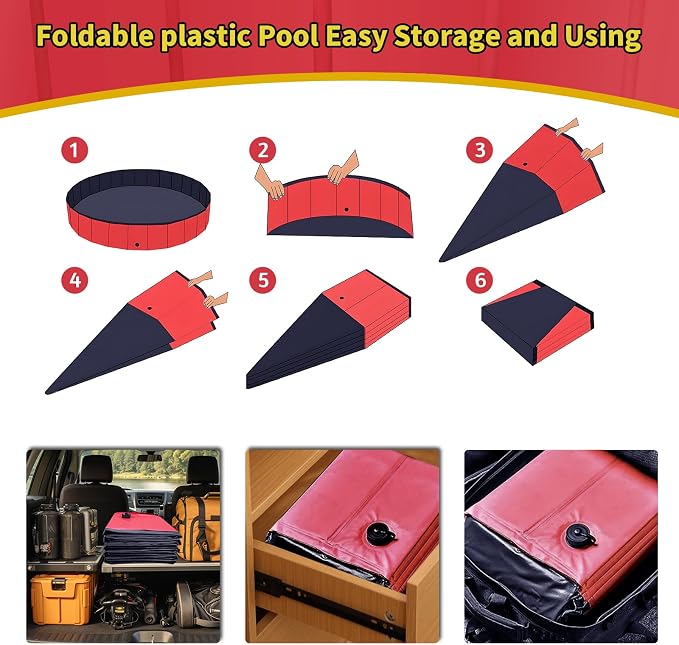 CACSPS Foldable Dog Pool, 55" x 12" Kiddie Pool with Hard Plastic, Non-Slip Dog Bath Tub for Outdoor Backyard, Collapsible Dog Swimming Pool for Kids Dogs Pets (Red)