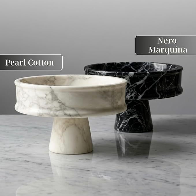 Marble Fruit Bowl for Kitchen Counter, 10" Handcrafted Natural Stone Decorative Bowl, Catch-All Key Dish, Dining Table Centerpiece, Pedestal Bowl, & Housewarming Gift (Black Marble)