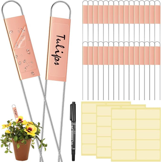 LEIFIDE 61 Pieces Metal Plant Tags Kit, 30 Pcs Copper Metal Plant Labels, 30 Rainproof PET Films, 1 Marker Pen, Reusable Garden Markers Nursery Tags(U Shape)
