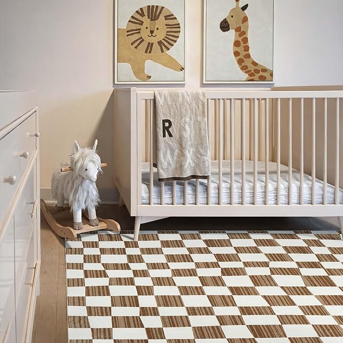 jinchan 5x7 Area Rug Washable Modern Checkered Rug for Kids Room, Brown | Geometric Lattice, Soft, Non-Slip, Floor Carpet, Kitchen, Nursery, Bedroom, Living Room, Dining Room, Nursery, Playroom