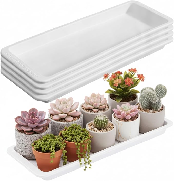 Cinnvoice 4 Pack White 24 x 8 x 1.6 Inch Rectangle Plant Saucer Large Plastic Plant Tray Water Drip Trays for Windowsill Flower Pot Planter Drainage Germination Garden Indoor Outdoor Use