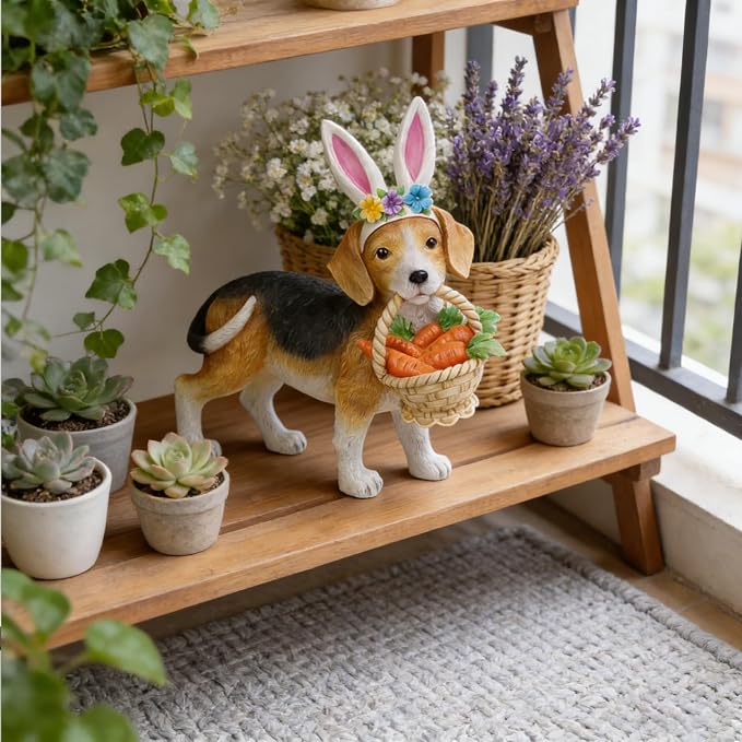 Cynkeyee Dog Garden Statue Decoration - Cute Puppy Beagle with Bunny Ears | Carrot Basket Doggy Figurines, Tabletop Self Floor Indoor Garden Decor, 11.5x4x10.5 inch