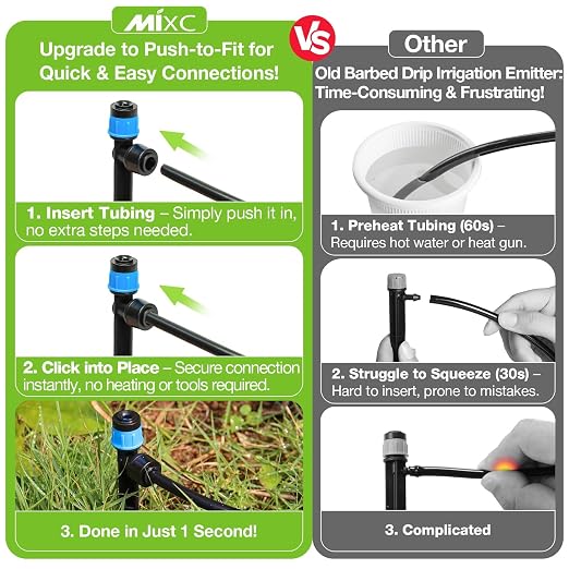 MIXC Drip Irrigation Emitters, Adjustable 360 Degree Water Flow Quick Connect for 1/4" Tubing, Drippers Sprayer for House Garden Watering Systems 100 Pack