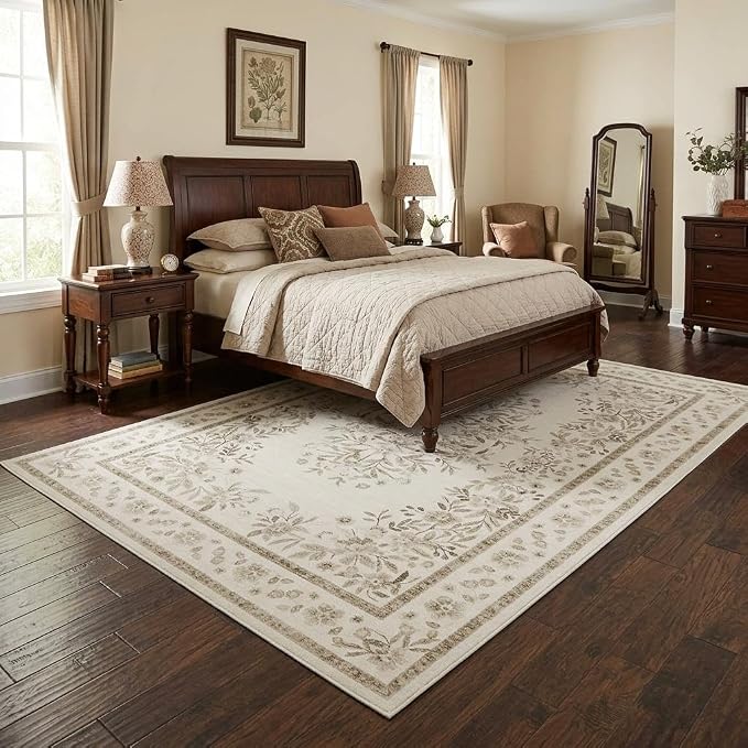 GarveeHome 4x6 Bordered Rug for Bedroom Botanical Beige Floor Carpets | Leaf Flower Vintage Distressed Floral Throw Rug for Living Room Washable Non-Slip Low Pile Area Rug for Dining Office