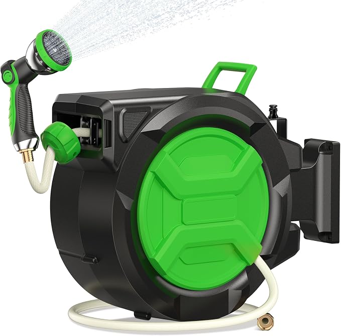 Retractable Garden Hose Reel 1/2" x 100ft, Wall Mounted Water Hose Reel with Auto Rewind, Any Length Lock, 180° Swivel Bracket & 9-Pattern Spray Nozzle, Heavy Duty Outdoor Hose Storage for Garden