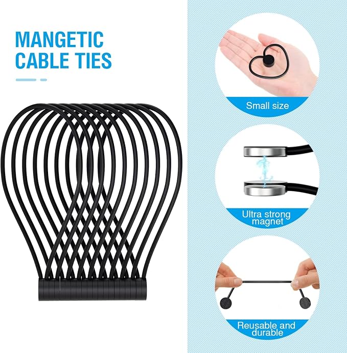 Magnetic Twist Ties, Reusable Silicone Cable Ties with Strong Magnet for Bundling and Organizing,Cord Wrap Clip Straps for Home or Office (Carbon Black-8 Packs)
