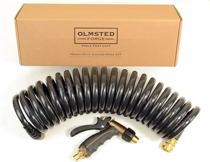 Hose Kit: 1/2" ID x 25' HP Quality Coiled Hose (Charcoal Gray) with Metal Body Spray Nozzle and Brass Quick Release Swivel Connector