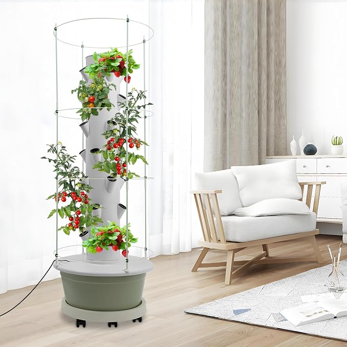 28 Pods Hydroponics Growing System kit, 7-Layer Movable Vertical Hydroponic Tower with Pump Timer Climbing Support Frame Indoor Gardening System for Vegetables Fruits Herb