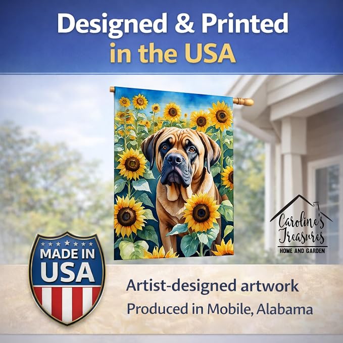 Caroline's Treasures DAC6120CHF Mastiff in Sunflowers House Flag Large Porch Sleeve Pole Decorative Outside Yard Banner Artwork Wall Hanging, Polyester, House Size, Multicolor