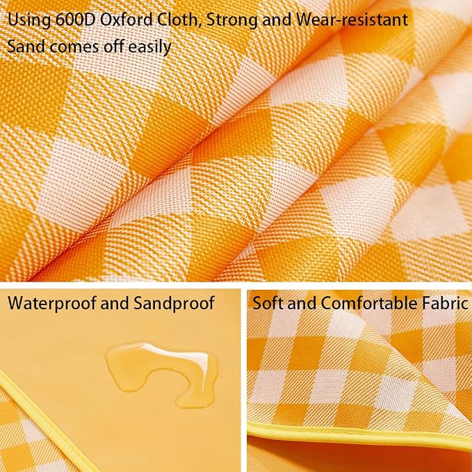 Extra Large Picnic Blanket Beach Blankets, 80''x60'' Picnic Mat Waterproof Sand Proof Foldable Portable for Outdoor Camping Hiking Travel Grass Park Music Festival Lawn Mats (yellow, 80x60 inch)