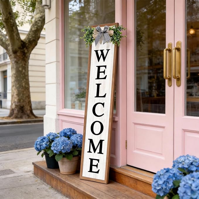 Welcome Sign for Front porch Standing 45"X9" Double-Sided Wood Frame Outdoor Tall Welcome Signs Vertical Decor for Farmhouse Rustic Home Modern Outside Front Door Wall Decorations