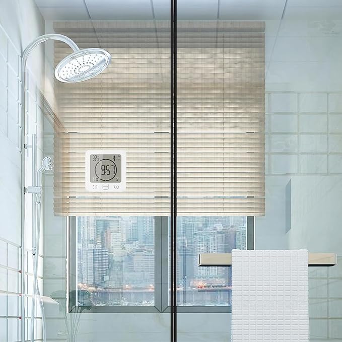 Digital Bathroom Shower Wall Clock Timer, LCD Digital Wall Clock with Suction Waterproof Temperature Humidity Gauge, Touch Screen Timer, Large Countdown Visual Timers Hanging Wall Clock (White)