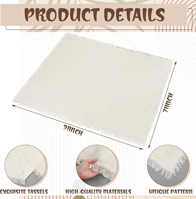Beeveer 8 Pcs Cream White Picnic Kit, 91x71'' Extra Large Outdoor Boho Picnic Blanket, Low Table Runner, 6 Throw Pillow Cover, Woven Cotton Yarn Oversize Washable Beach Blanket for Camp Wedding Garden