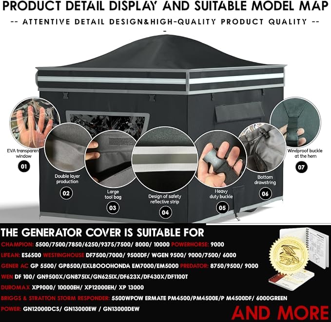 Generator Tent With Bracket, Generator Cover Whlie Running, 32X24X24 inches, Roof Design Without Water Accumulation, 1680D Marine Canvas Production+Heavy-Duty Stainless Steel Bracket, Black