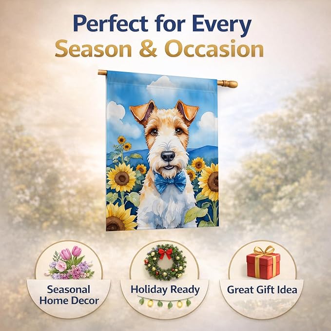 Caroline's Treasures DAC6079CHF Fox Terrier in Sunflowers House Flag Large Porch Sleeve Pole Decorative Outside Yard Banner Artwork Wall Hanging, Polyester, House Size, Multicolor