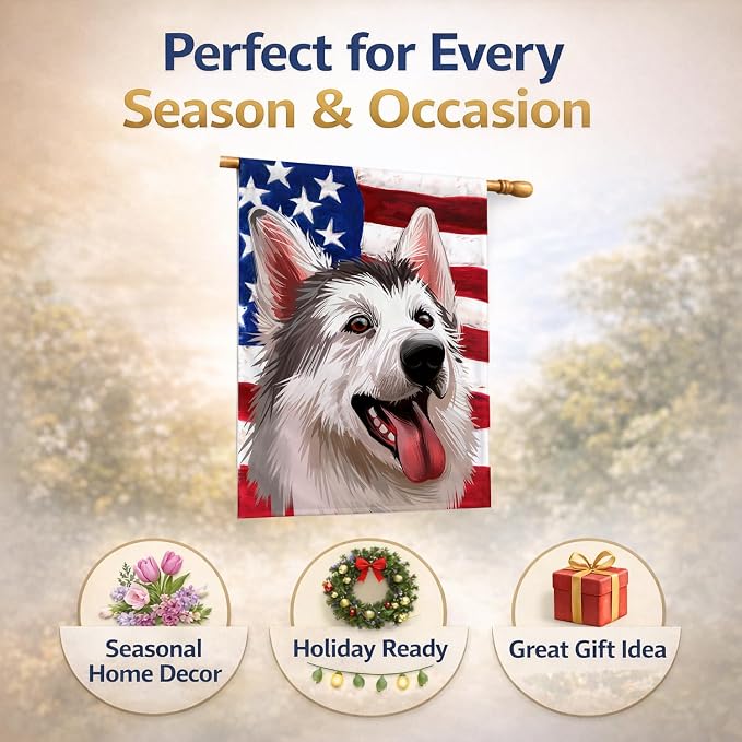 Caroline's Treasures CK6629CHF Northern Inuit Dog American Flag House Flag Large Porch Sleeve Pole Decorative Outside Yard Banner Artwork Wall Hanging, Polyester, House Size, Multicolor