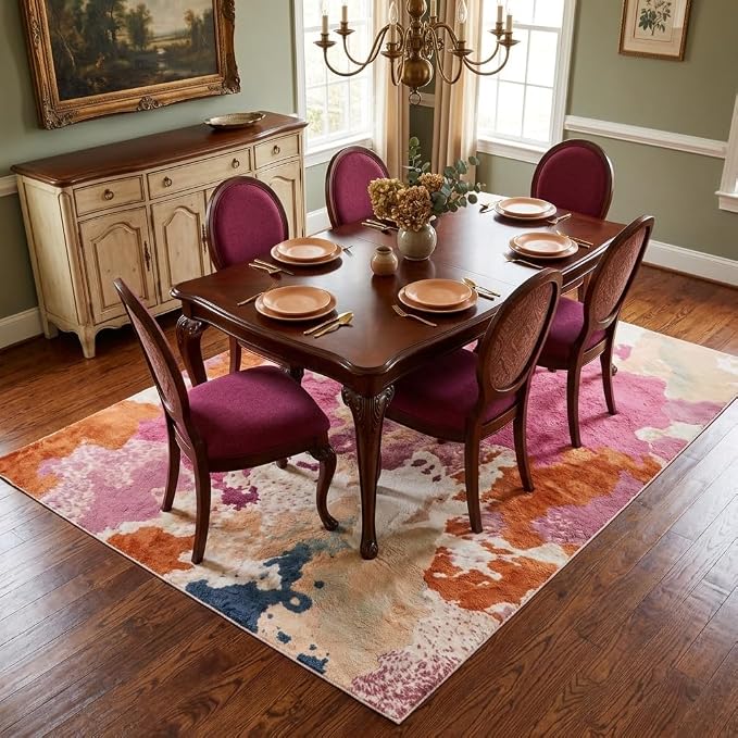 5x7 Green and Pink Modern Abstract Wavy Stripe Area Rug | Washable non-slip low-pile faux cashmere rug; ideal for living room, bedroom, nursery, and home office.