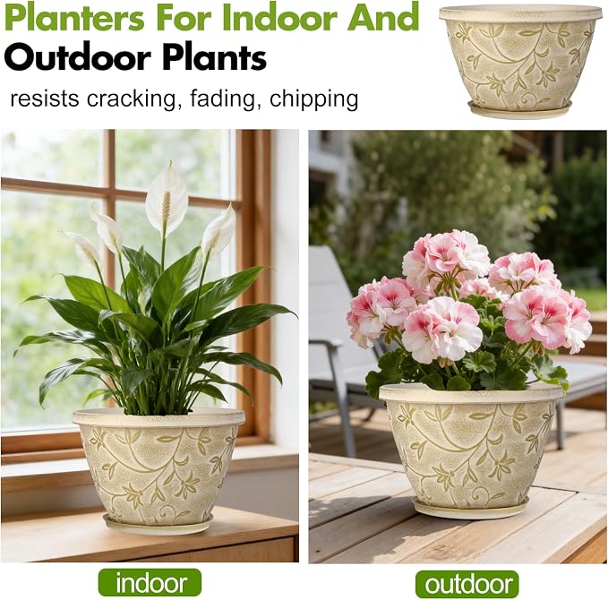Nooulap 8 Inch Plant Pot with Drainage Hole, 4 Pack Plastic Flower Pot for Indoor Outdoor Plants, Decorative Small Planter for Desk, Balcony & Garden (Beige)
