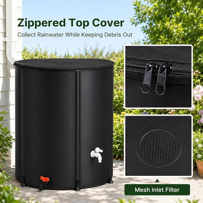 132 Gallon Collapsible Rain Barrel, Portable Rainwater Collection System, Water Storage Tank, Rain Catcher Barrel with Two Spigots and Overflow Kit, Rain Water Barrel Collector for Garden, Black