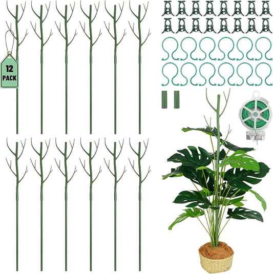 12 Pack Monstera Plant Support Stakes, 27.5 Inch Natural Looking Detachable Plant Stakes for Climbing Plants, Includes 16 Orchid Clips & 12 Twist Ties & 65ft Garden Tie Outdoor Indoor