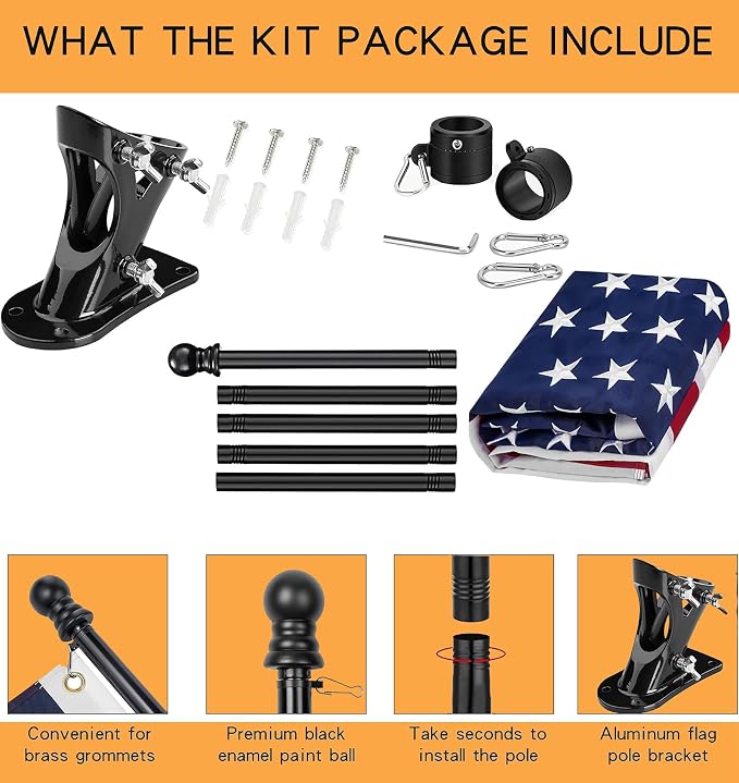 American Flag Pole Kit for House, 6FT Black Metal Pole with 3x5FT US Flag | Embroidered American Flag for House on 6 Feet Rust Proof Aluminum Pole with 360 Degree Rotation Tangle Free Design