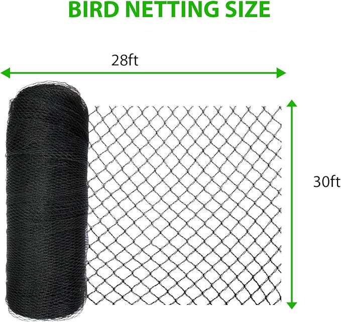 Bird Netting for Garden 28 x 30 FT, Heavy Duty 3/8" Woven Mesh Garden Netting with 12 Stakes, HDPE Anti Bird Net for Fruit Trees Vegetables Blueberry Deer Poultry, Black