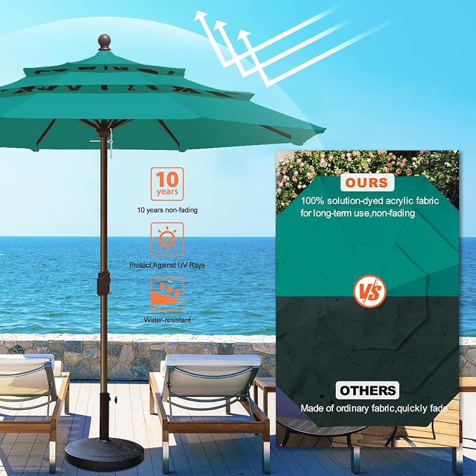 Eurmax USA 10-Year-Non-Fading 10FT 3-Tier Outdoor Patio Market Umbrella,UPF50+ UV Resistant,Heavy Duty Commercial Grade,Crank Lift Design,Windproof Vented Top for Garden,Pool,Deck,Teal