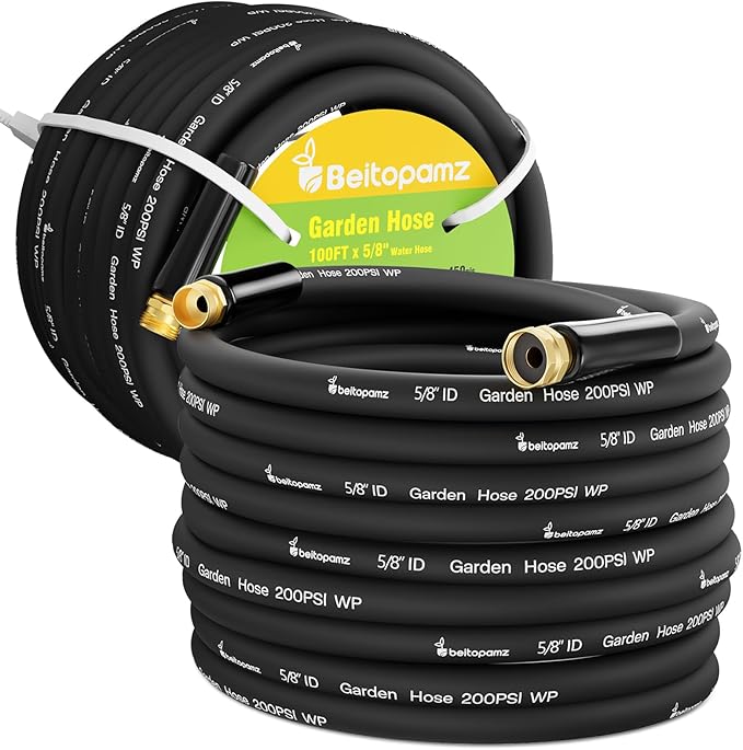 Beitopamz 100 ft Garden Hose, 5/8 in Heavy Duty Water Hose, Flexible and Durable, Lightweight Rubber Hybrid Hose, Leak-Free Connections, Male to Female 3/4'' Brass Fittings for Patio, Lawn, Black