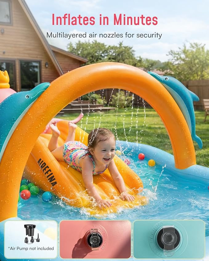 Airefina Inflatable Kiddie Pool, Detachable Octopus King Toddler Pool with Water Slide Splash Pad, Inflatable Play Center with Turtle Toss Target for Backyard, Garden, Water Park, Ages 3+