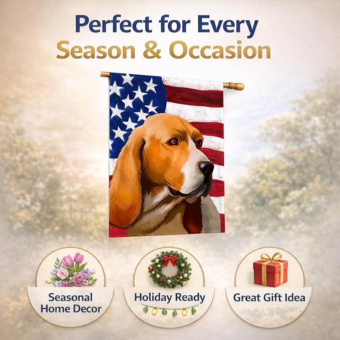 Caroline's Treasures CK6409CHF Artois Hound Dog American Flag House Flag Large Porch Sleeve Pole Decorative Outside Yard Banner Artwork Wall Hanging, Polyester, House Size, Multicolor