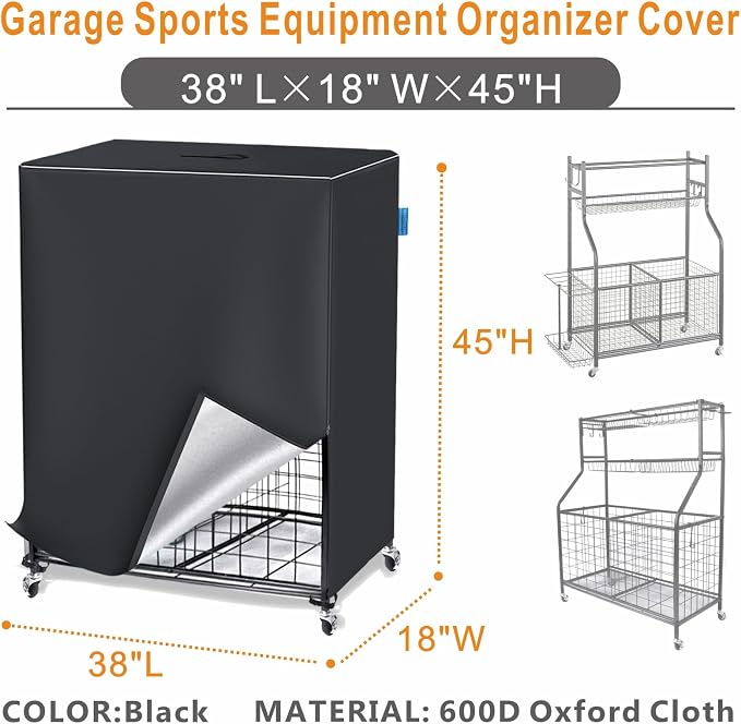 Garage Sports Equipment Organizer Cover, Ball Storage Rack Cover Outdoor, 600D Oxford, Waterproof & Dustproof, 38 "L x 18" W x 45 "H - Protecting Your Sports Equipment and Toys.(Cover Only)