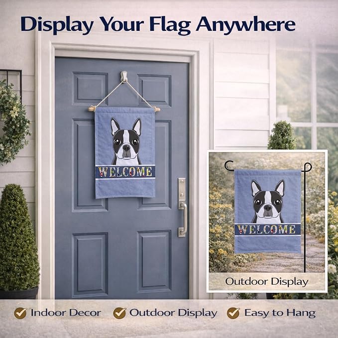 Caroline's Treasures BB1389GF Boston Terrier Welcome Garden Flag, Blue Mailbox Flag Decorative Yard Flag Banner Outside Patio Artwork Yard Flower Beds, Garden Size, Multicolor