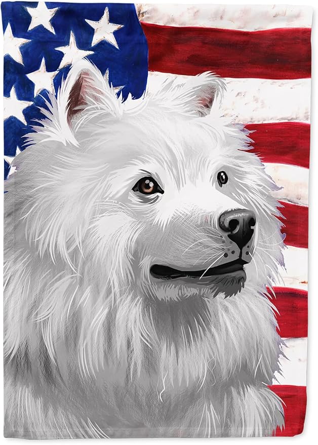 Caroline's Treasures CK6398CHF American Eskimo Dog American Flag House Flag Large Porch Sleeve Pole Decorative Outside Yard Banner Artwork Wall Hanging, Polyester, House Size, Multicolor