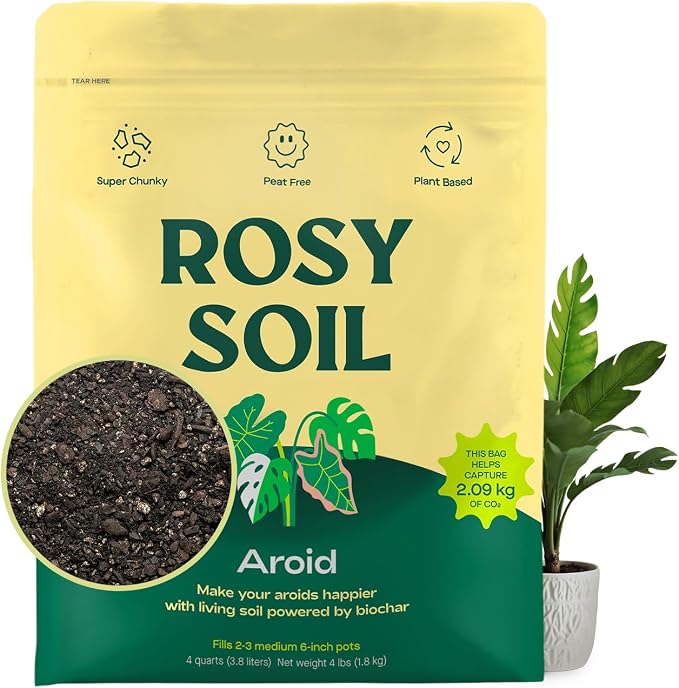 Rosy Soil Aroid Soil Mix, Chunky Biochar Potting Mix, 4 Quarts | For Monstera, Philodendron, Anthurium & Tropical Plants - Peat-Free, Microbially Active, Superior Aeration & Drainage