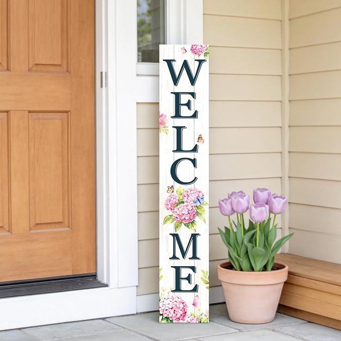 Welcome Sign for Front Porch, 47" Wood Framed Porch Sign Hydrangea Flower Decorations with Hanging Rope, Farmhouse Yard Signs Home Decor for Outdoor Patio